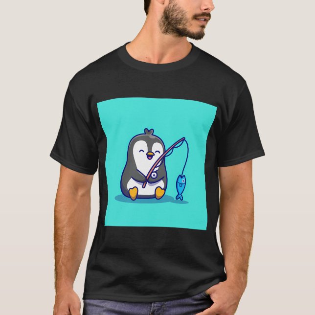 Pingvin Fiskare Fiskespö Fisk T Shirt (Framsida)