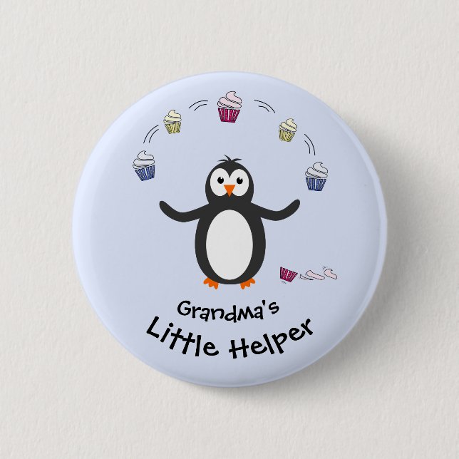 Pingvin jonglerar med cupcakes liten hjälpare blå knapp (Framsida)