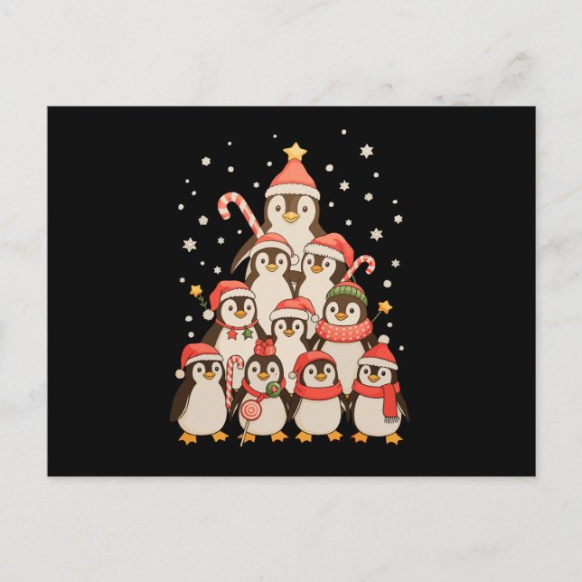 Pingvin julgran snö tomtehatt Xmas högtid Helg Vykort (Framsida)