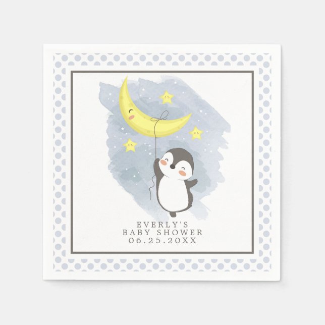 Pingvin Måne Akvarell Baby Shower Servetter (Framsidan)