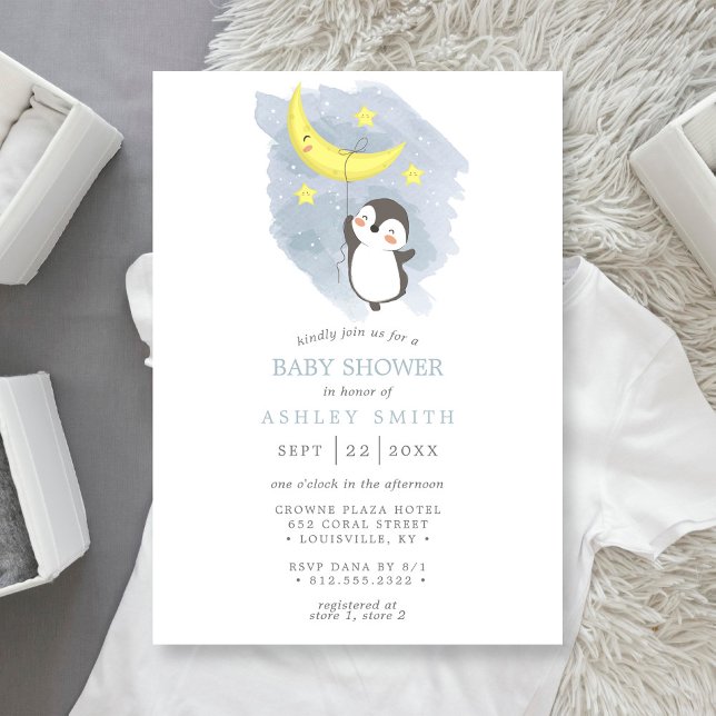 Pingvin Måne Vinter  Akvarell Baby Shower Inbjudningar (Skapare uppladdad)