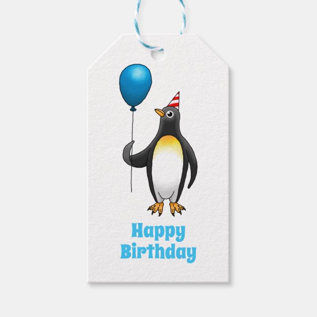 Pingvin med en blå ballong och födelsedagsmössa presentetikett (Framsidan)