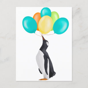 Pingvin Med Färgglada Ballonger Vykort