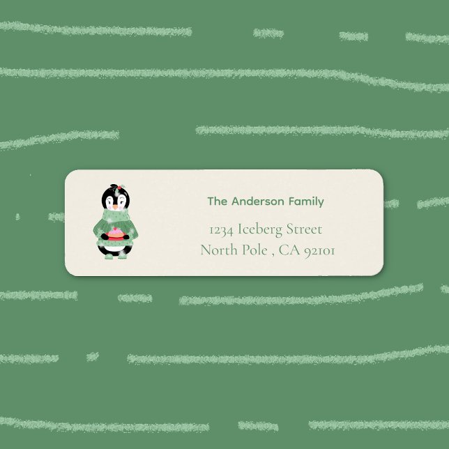 Pingvin med fikonpudding Returadressetikett Returadress Etikett (Festive Holiday return address label featuring a cartoon penguin holding a figgy pudding . )