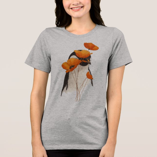 Pingvin med orange vallmo blommor botanisk konst T Shirt (Framsida)