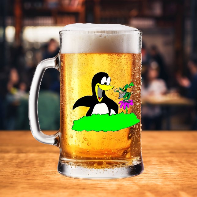 Pingvin och Leprechaun Frostat Ölglas (Penguin and Leprechaun Frosted Glass Beer Mug)