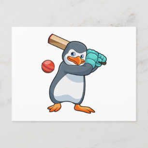 Pingvin på Cricket med cricketträ Vykort