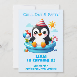 Pingvin Pool Party Födelsedagsinbjudan Pojkar Inbjudningar