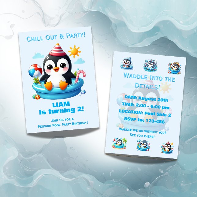 Pingvin Pool Party Födelsedagsinbjudan Pojkar  Inbjudningar (Skapare uppladdad)
