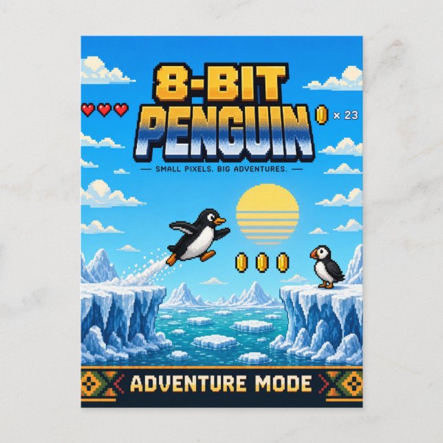 Pingvin, Retro 8-Bit Pixel Art Vykort (Framsida)