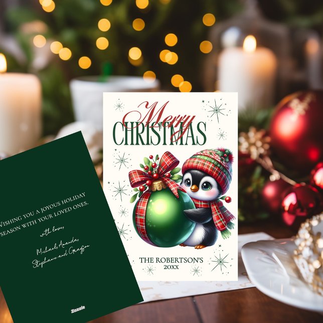 Pingvin Röd Grön Rutig Halsduk Hatt Julkort (Skapare uppladdad)