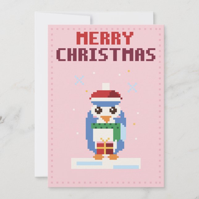 Pingvin Rosa Pixel Art Julkort (Framsida)