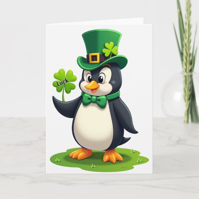Pingvin Shamrock Lycka Konstkort Kort (Framsida)