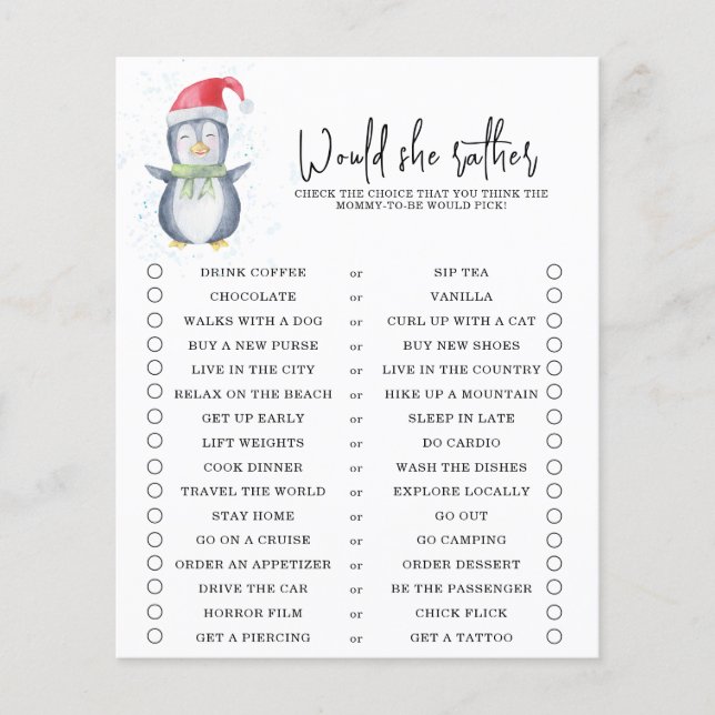 Pingvin - Skulle hon hellre - baby shower spel (Framsida)