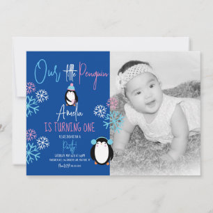 Pingvin Snöflingor Rosa Blå 1-års Födelsedagsfoto Inbjudningar