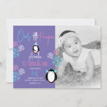Pingvin Snöflingor Rosa Blå 1-års Födelsedagsfoto 