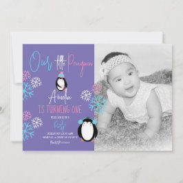 Pingvin Snöflingor Rosa Blå 1-års Födelsedagsfoto  Inbjudningar