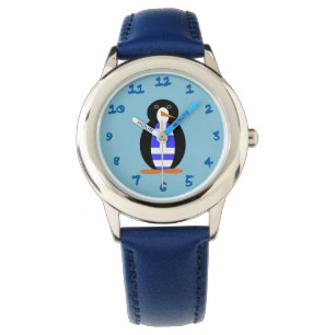 Pingvin som bär grekisk flagg väst blå bakgrund  armbandsur