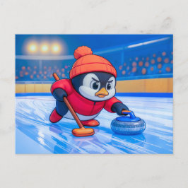 Pingvin som spelar curling på en isig vinterrink vykort