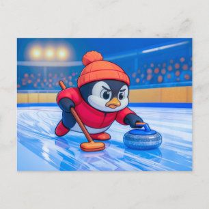 Pingvin som spelar curling på en isig vinterrink vykort