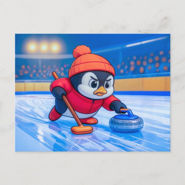Pingvin som spelar curling på en isig vinterrink vykort (Framsida)