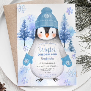 Pingvin stickad mössa Snöflingor Födelsedagsinbjud Inbjudningar