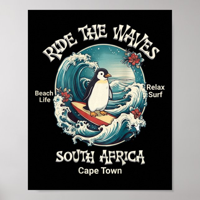 Pingvin Surfande Vågor Sydafrika Cape Cod Surfar  Poster (Framsidan)