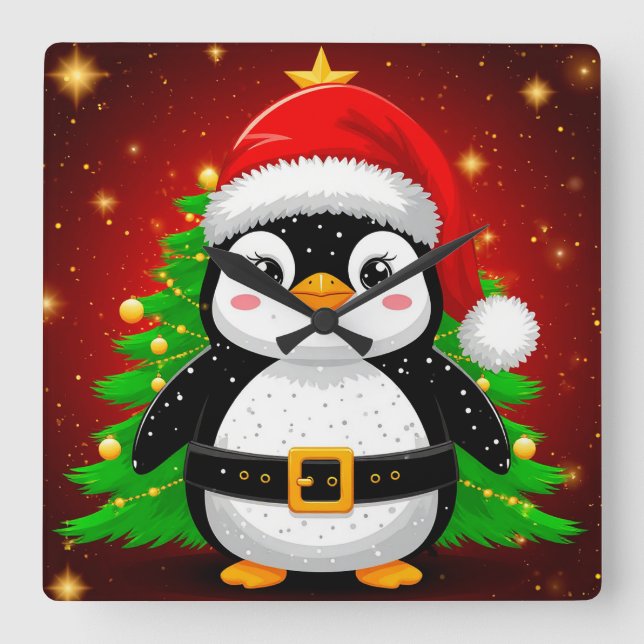 🐧 Pingvin Tomte Julgran Holiday Kul ✨ Fyrkantig Klocka (Framsida)