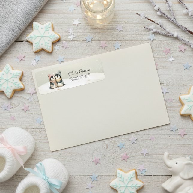Pingvin Tvillingar Babyfirande Neutral Vinter Returadress Etikett (Skapare uppladdad)