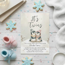 Pingvin Tvillingar Vinter Baby Shower Pojke Flicka Inbjudningar