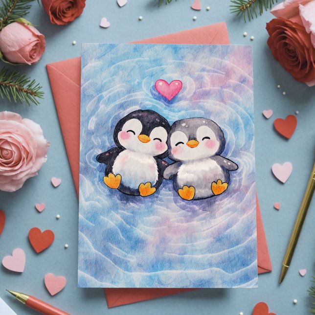 Pingviner Flyter I Kärlek Söt Vattenfärg Alla Hjär Kort (Sweet watercolor Valentine card featuring loyal penguin pair, symbolizing love and devotion.)