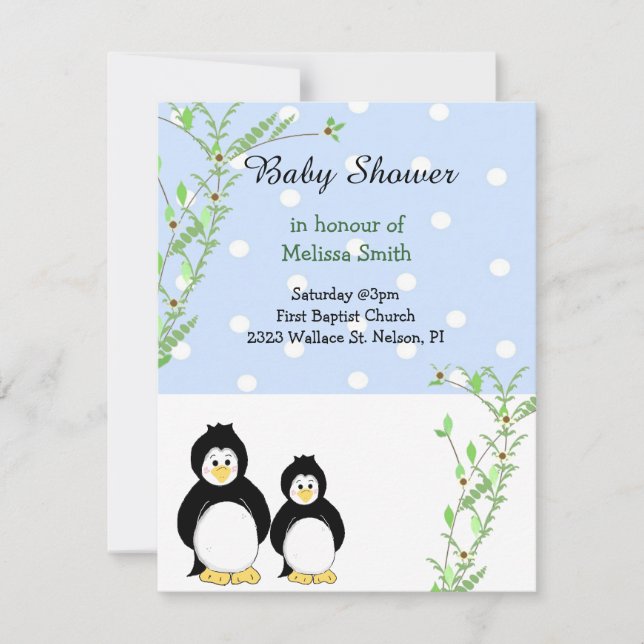 Pingviner och vinrankor Baby Shower Inbjudan (Framsida)