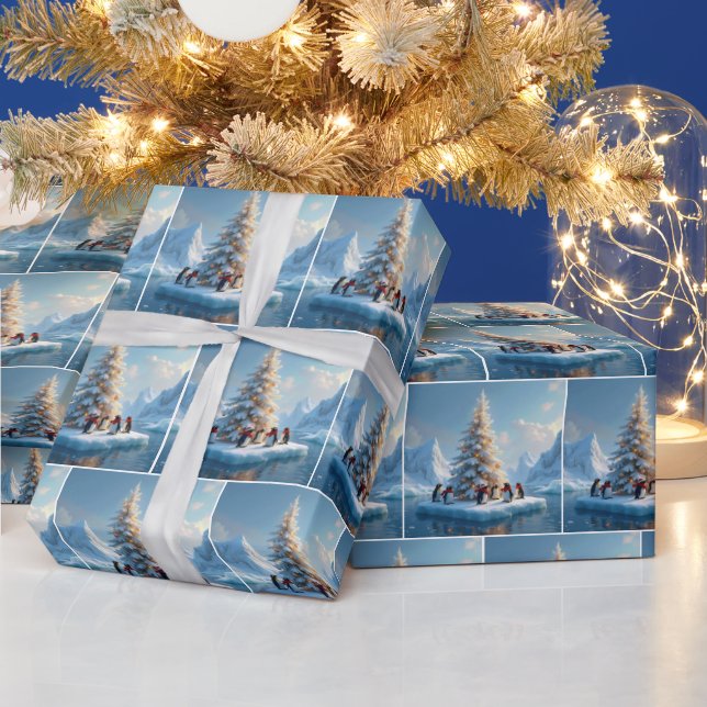 Pingviner samlas runt ett julgran presentpapper (Helgdagar)