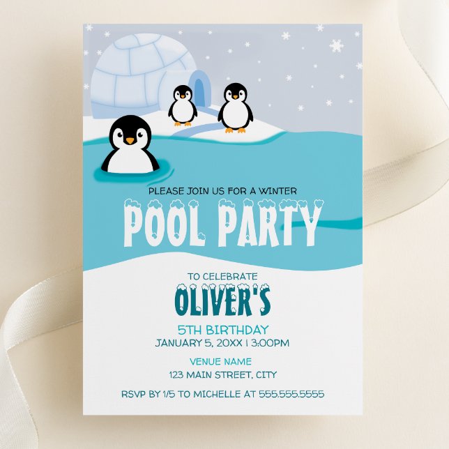 Pingvinernas vinterpoolparty födelsedagsinbjudan inbjudningar (Penguins Winter Pool Party Birthday Invitation)