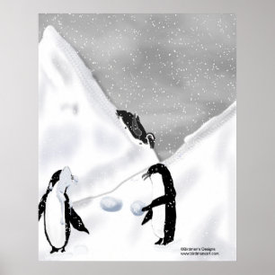 Pingvinet kastar snöboll slagsmåltrycket poster