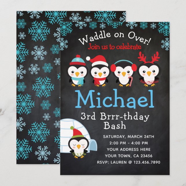 Pingvinfödelsedaginbjudan Inbjudningar (Fram/baksida)