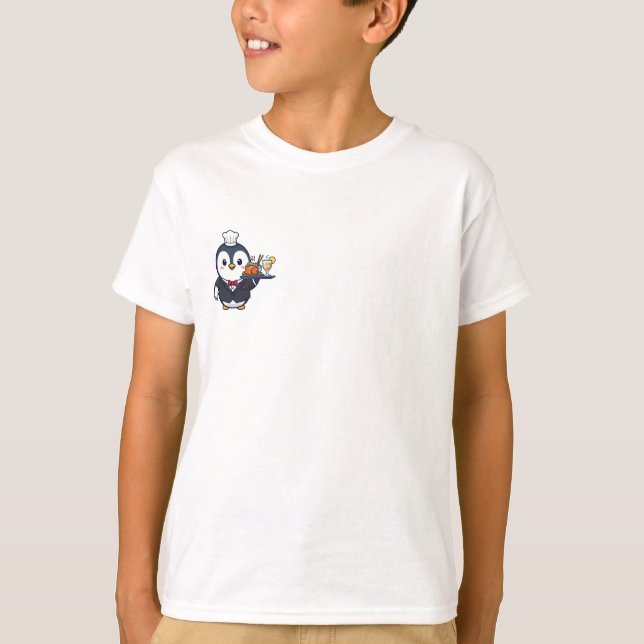 Pingvinkock Serverar Elegant Middag för Barn T Shirt (Framsida)