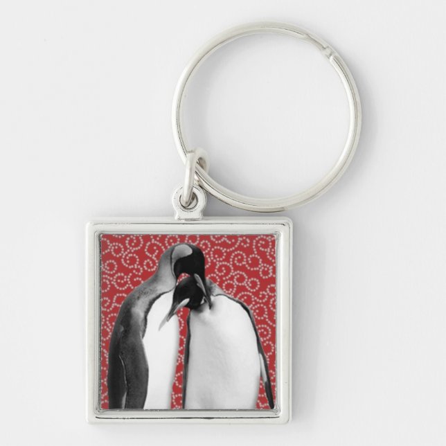 PingvinLovebirds Keychain Fyrkantig Silverfärgad Nyckelring (Framsidan)