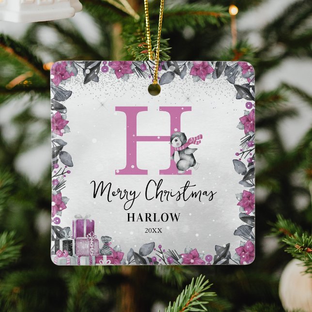 Pingvins barns namnmonogram jul julgransprydnad keramik (Skapare uppladdad)