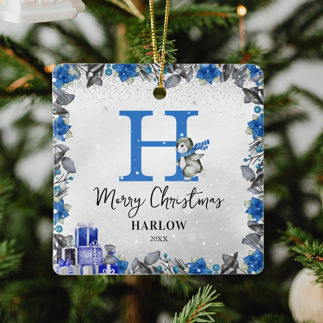 Pingvins barns namnmonogram jul julgransprydnad keramik (Skapare uppladdad)