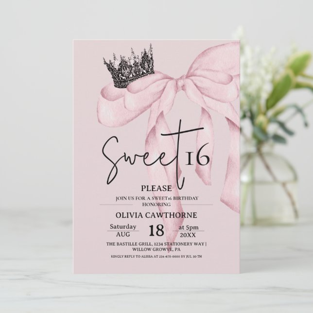  Pink 16th Birthday ⎮Modern Bow Sweet 16 Inbjudningar (Stående Fram)