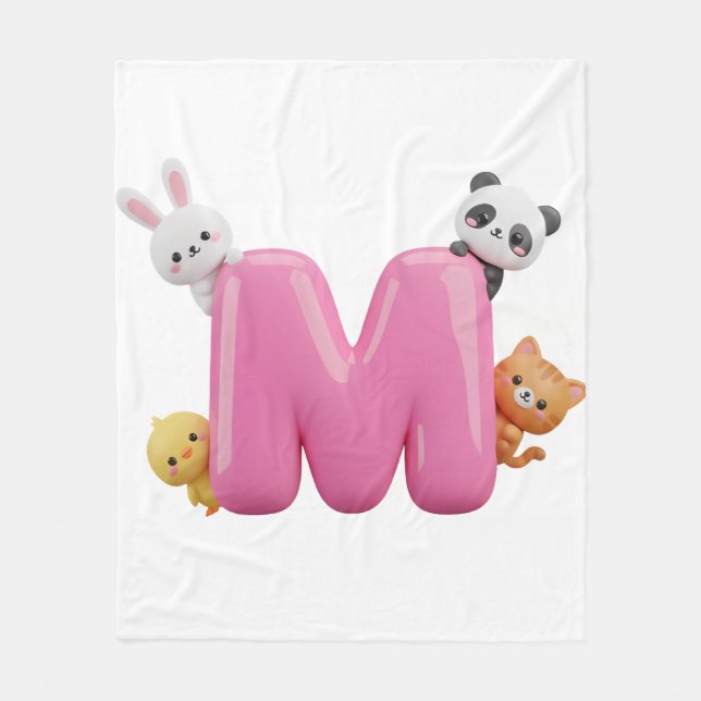Pink 3D Letter M Fleece Baby Blanket with Animals (Framsidan)