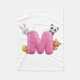 Pink 3D Letter M Fleece Baby Blanket with Animals