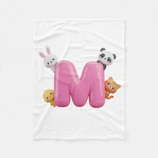 Pink 3D Letter M Fleece Baby Blanket with Animals (Framsidan)