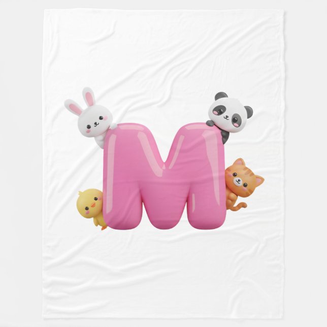Pink 3D Letter M Fleece Throw Blanket with Animals (Framsidan)