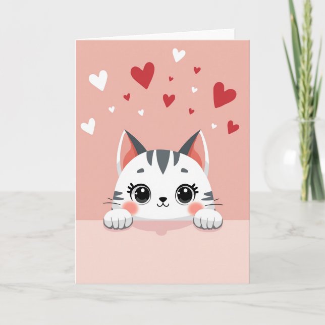 Pink Adorable Cat Valentines Card Kort (Framsida)