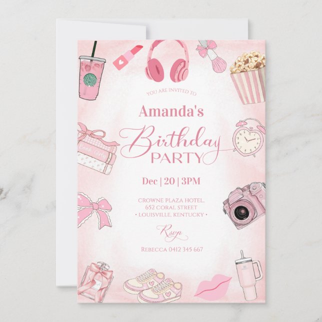 Pink Aesthetic Girl Birthday Party Invitation Inbjudningar (Framsida)