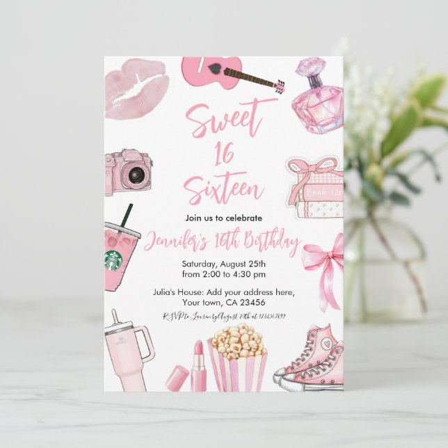 Pink aesthetic Sweet Sixteen 16 Teen Girl Birthday Inbjudningar (Stående Fram)