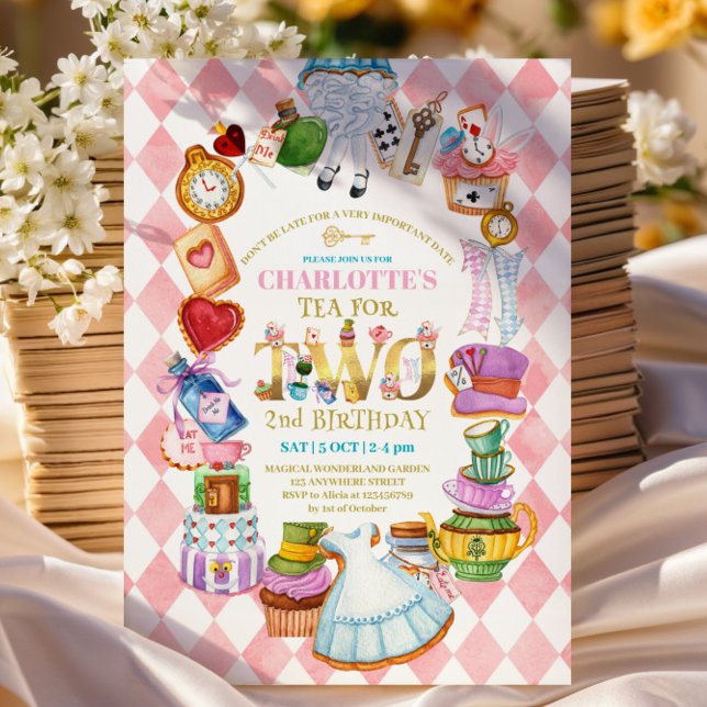 Pink Alice in Wonderland 2nd birthday Invitation Inbjudningar (Skapare uppladdad)