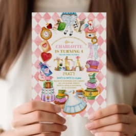 Pink Alice in Wonderland 4th birthday Invitation Inbjudningar